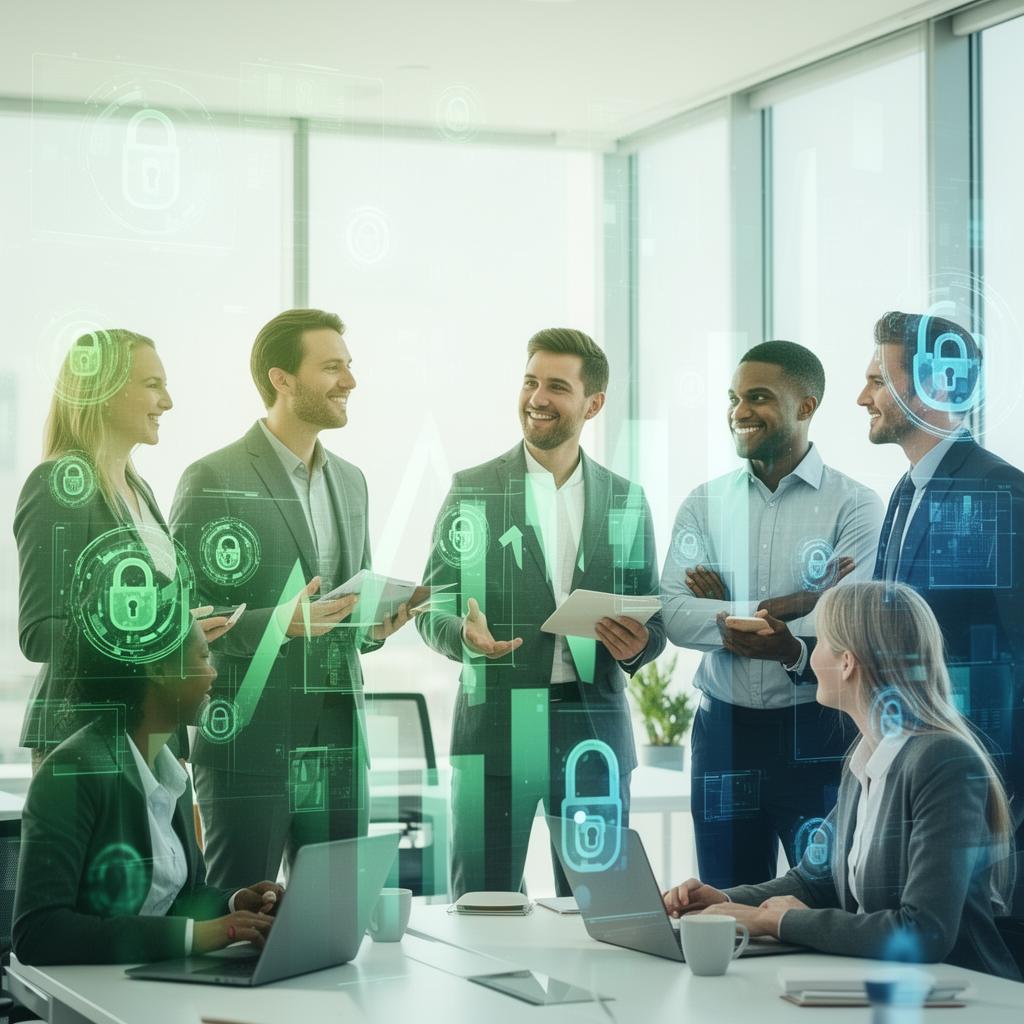 A confident business team collaborating, protected by a security layer that accelerates their growth