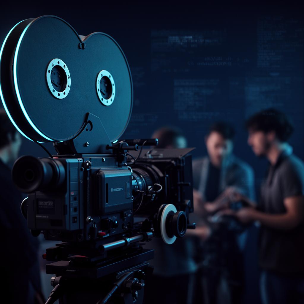 Cinema camera on a film set with crew in soft blue cinematic light
